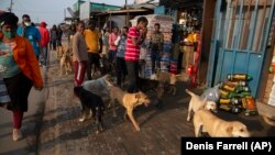 Les gens descendent une rue animée du Diepsloot, au nord de Johannesburg, le jeudi 26 août 2021. Une étude menée auprès de personnes âgées de 18 à 24 ans dans 15 pays africains a révélé que beaucoup ont perdu leur emploi ou ont vu leur éducation arrêtée ou modifiée par la pandémie.  (Photo AP/Denis Farrell)