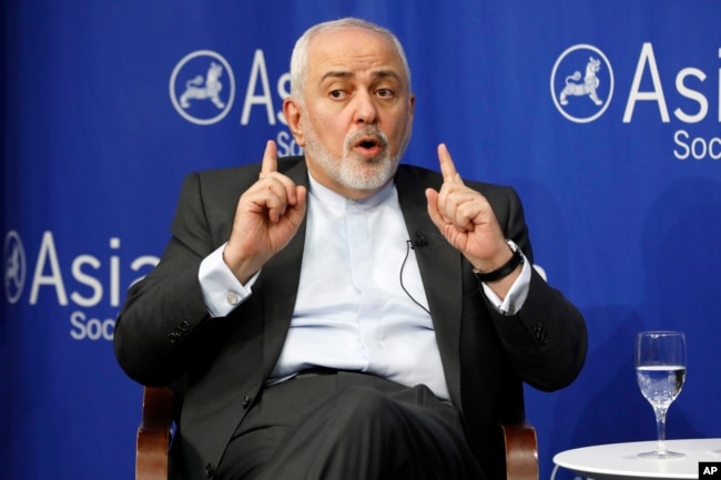 FILE - Iranian Foreign Minister Mohammad Javad Zarif speaks at the Asia Society in New York, April 24, 2019.