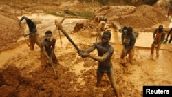 Artisanal miners dig for gold in an open-pit concession near Dunkwa, western Ghana, February 15, 2011.