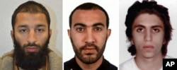 This is undated three photo combo handout photo issued by the Metropolitan Police on Tuesday June 6, 2017 of Khuram Shazad Butt, left, Rachid Redouane, centre and Youssef Zaghba who have been named as the suspects in Saturday's attack at London Bridge.