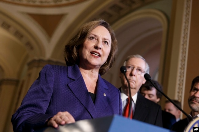 FILE - Sen. Deb Fischer, R-Neb., speaks during a news conference on Capitol Hill, April 8, 2014.