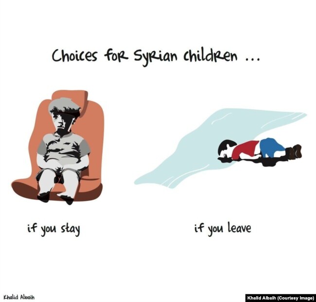 A political cartoon by Khalid Albaih, based on widely shared images of Syrian refugee children Alan Kurdi and Omran Daqneesh.