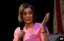 Speaker of the House Nancy Pelosi, D-Calif., gestures while addressing the Commonwealth Club, May 29, 2019, in San Francisco.