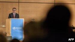 World Health Organization (WHO) Director-General Tedros Adhanom Ghebreyesus delivers a speech at the opening day of the World Health Assembly, May 20, 2019, at United Nations Offices in Geneva.