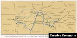 Map of the 1838-1839 Cherokee "Trail of Tears" along which Cherokee were removed to present-day Oklahoma.