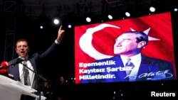 Ekrem Imamoglu of the main opposition Republican People's Party, who was elected mayor after the March 31 elections, addresses his supporters after the High Election Board decided to re-run the mayoral election, in Istanbul, May 6, 2019.