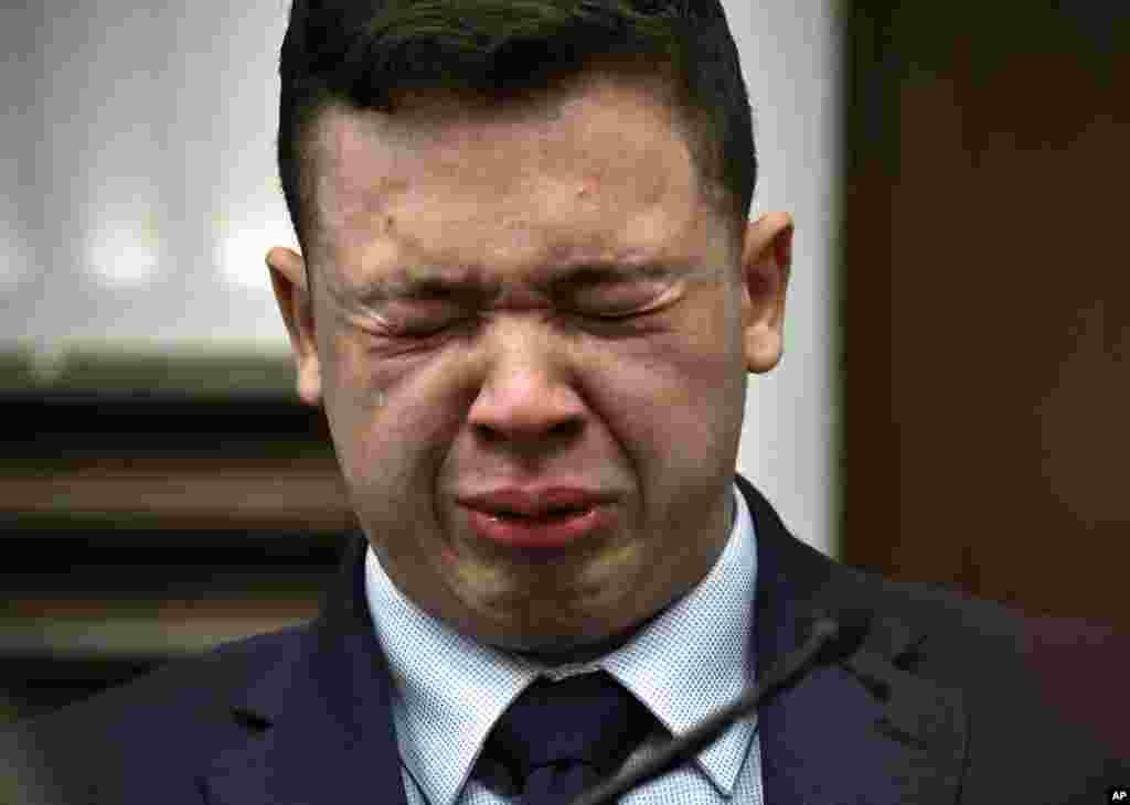 Kyle Rittenhouse breaks down on the stand as he testifies about his encounter with the late Joseph Rosenbaum during his trial at the Kenosha County Courthouse in Kenosha, Wisconsin.