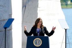 Vice President Kamala Harris speaks during an event marking the 10th anniversary of the dedication of the Martin Luther King, Jr. Memorial in Washington, Oct. 21, 2021.