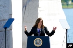 Vice President Kamala Harris speaks during an event marking the 10th anniversary of the dedication of the Martin Luther King, Jr. Memorial in Washington, Oct. 21, 2021.