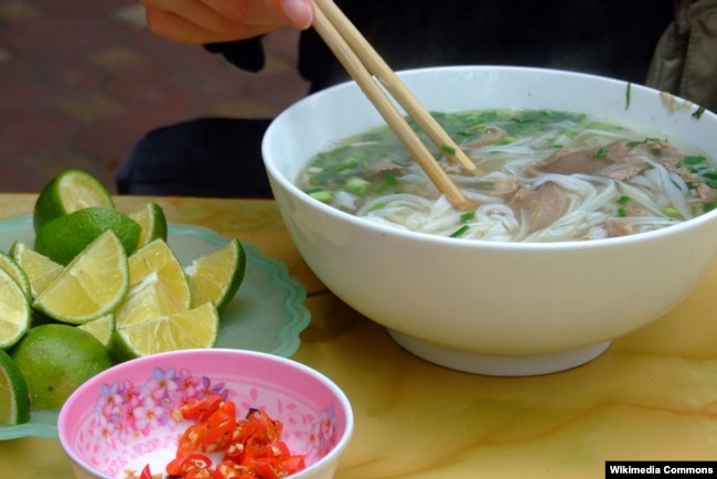 A bowl of pho and its condiments, as served in the C?u Gi?y district, Hanoi. (Wikimedia - Codename5281)