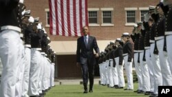 President Barack Obama is introduced at the U.S. Coast Guard Academy graduation in New London, Conn., May 20, 2015, before giving the commencement address.