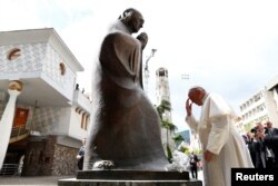 Pope Francis visits the memorial house of Mother Teresa in Skopje, North Macedonia, May 7, 2019.