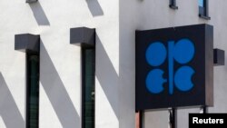 FILE - The Organization of the Petroleum Exporting Countries (OPEC) logo is pictured at its headquarters in Vienna.