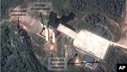A satellite image shows a North Korean facility where analysts believe rocket engines for the country's missile program are tested (DigitalGlobe photo). 