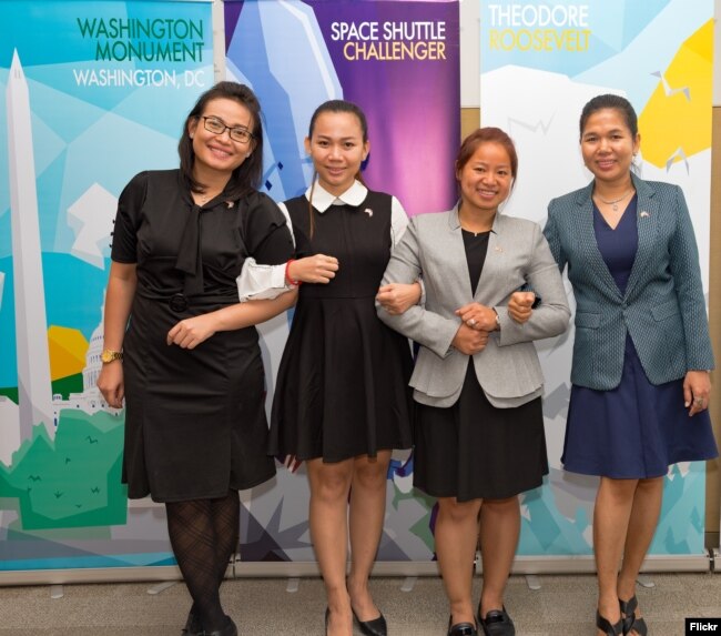 Description: Four Cambodian women entrepreneurs pose for a photo after a meeting at the U.S. Embassy in Phnom Penh, before they head to the United States to take part in a leadership program sponsored by the U.S. State Department, in Phnom Penh, Sept. 10, 2018. (Rick Albertson, U.S. Embassy in Cambodia)