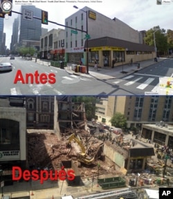 Comparación entre fotografías antes y después de los edificios derrumbados en Filadelfia sobre las calles 22 y Market, en el centro de Filadelfia. La foto superior es de Google Maps y la de abajo, tomada este miércoles, de la agencia AP.