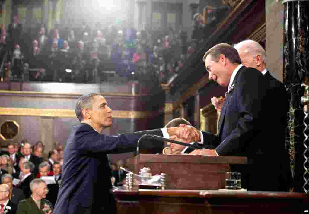 President Obama shakes hands with Speaker of the House John Boehner before delivering the State of the Union address at the U.S. Capitol in Washington, D.C. (Official White House Photo/Pete Souza)