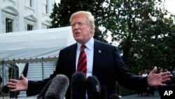 President Donald Trump speaks to reporters before leaving the White House in Washington, June 8, 2018, to attend the G7 Summit in Charlevoix, Quebec, Canada. 