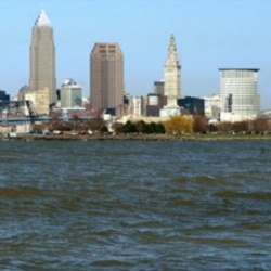A view of Lake Erie with the Cleveland skyline in the background at Edgewater Beach in Cleveland