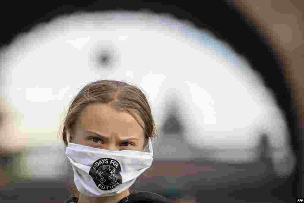 Swedish climate activist Greta Thunberg takes part in a Fridays For Future protest in front of the Swedish Parliament (Riksdagen) in Stockholm.