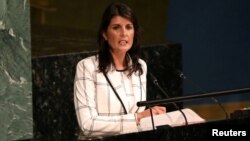 FILE - U.S. Ambassador to the United Nations Nikki Haley addresses a General Assembly meeting ahead of a vote on a draft resolution that would deplore the use of excessive force by Israeli troops against Palestinian civilians, at U.N. headquarters in New York, June 13, 2018.
