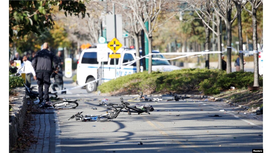 Multiple bikes are crushed along a bike path in lower Manhattan in New York, NY, Oct. 31, 2017.