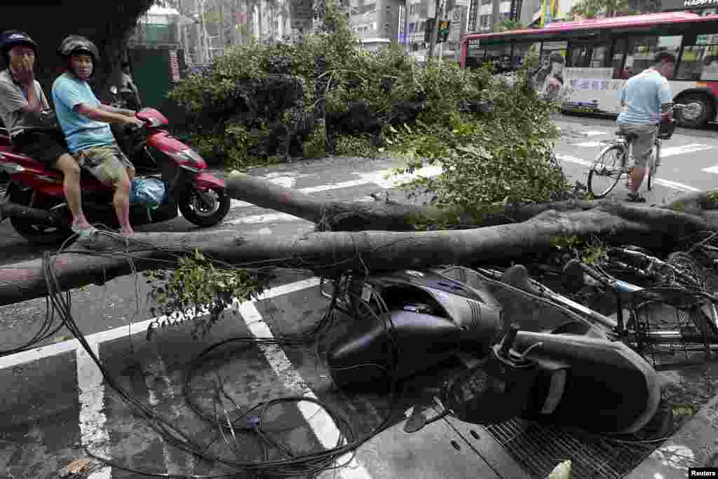 Dua pengendara motor melewati pohon yang tumbang dan sepeda motor yang rusak akibat Topan Dujuan di Taipei, Taiwan.