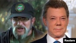 El presidente de Colombia Juan Manuel Santos (derecha) y el comandante de las FARC Timochenko realizarán una ceremonia formal del fin de los combates el martes, 27 de junio de 2017.