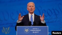 U.S. President-elect Joe Biden delivers a televised address to the nation, after the U.S. Electoral College formally confirmed his victory over President Donald Trump in the 2020 U.S. presidential election, from Biden's transition headquarters in Wilmingt