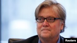 Steve Bannon, pictured during a meeting at Trump Tower in New York, Aug. 20, 2016. Bannon has been invited to speak at the University of California-Berkeley.