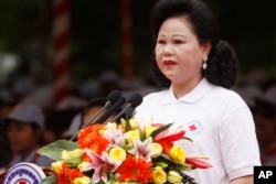 Cambodian Red Cross head Bun Rany Hun Sen gives a speech during ceremonies held ahead of the May 8 World Red Cross Day and Red Crescent Day in Phnom Penh, Cambodia, Tuesday, May 3, 2011. (AP Photo/Heng Sinith)