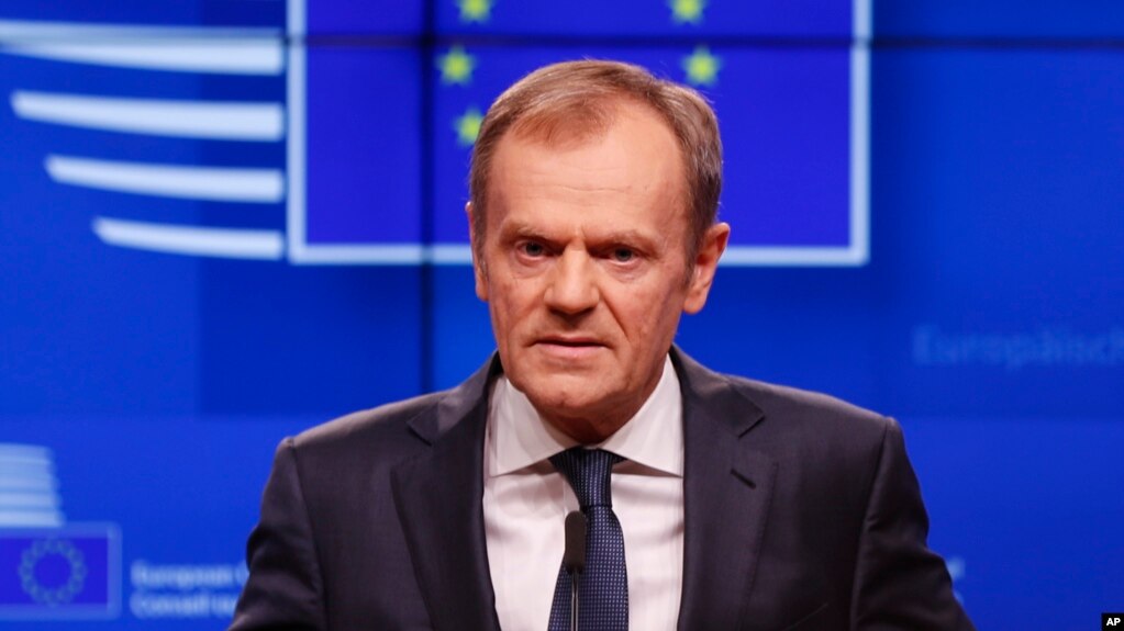 Chủ tịch Hội đồng châu Âu Donald Tusk tại họp báo hôm 20/3/2019.