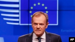 European Council President Donald Tusk speaks during a media conference on Brexit at the Europa building in Brussels, March 20, 2019.