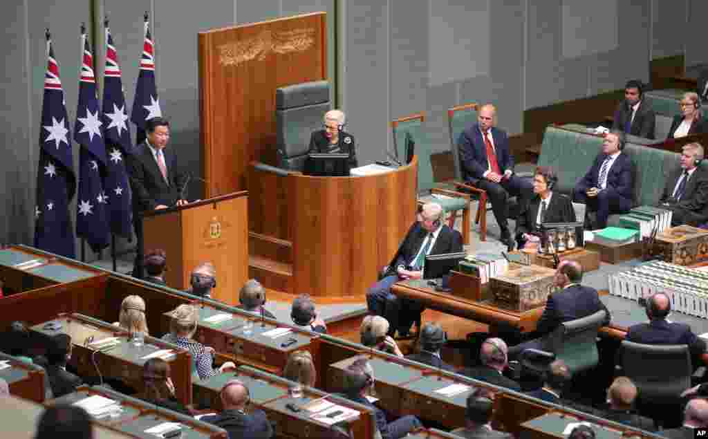 China&rsquo;s President Xi Jinping delivers an address to parliament. Australia and China completed a free trade deal after nine years of negotiations, Canberra, Nov. 17, 2014.