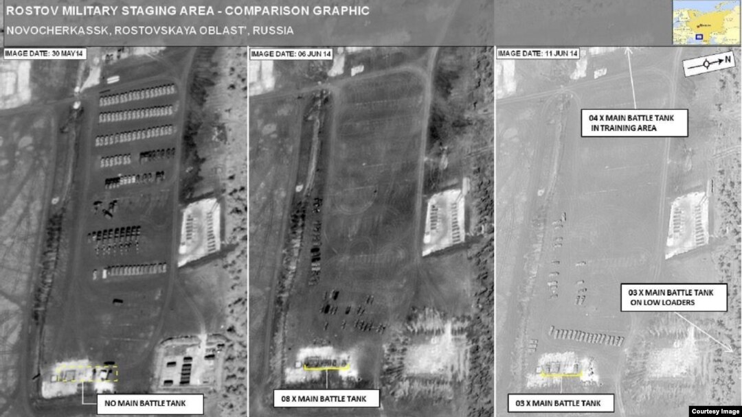 NATO releases satellite images showing eight tanks arriving at the staging area June 6, with 10 in the area by June 11, 3 of them on transports ready to move, June, 14, 2014.