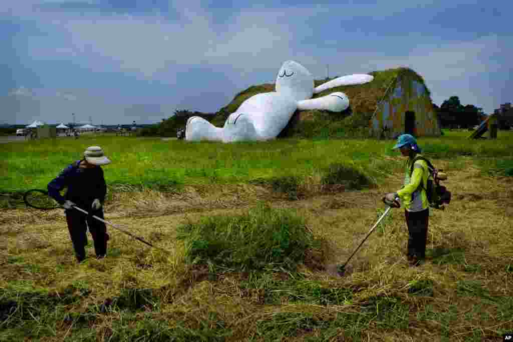 Landscapers trim grass in front of Dutch artist Florentijn Hofman&#39;s latest creation, a 25-meter (82 feets) white rabbit, as it leans up against an old aircraft hangar as part of the Taoyuan Land Art Festival in Taoyuan, Taiwan.
