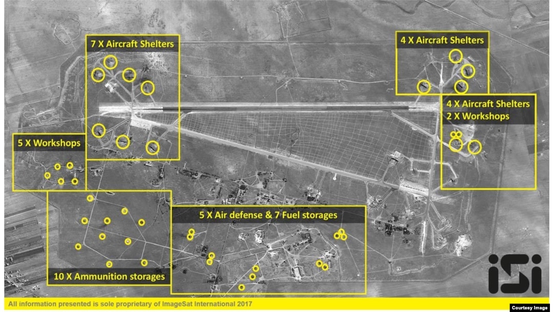 A detailed graphic of the targets at al-Shayrat airfield hit during the U.S. strike with 59 Tomahawk cruise missiles. (ImageSat International)