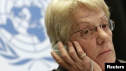 Carla del Ponte, miembro de la comisión investigadora de crímenes de guerra en Siria, durante una rueda de prensa en Ginebra.