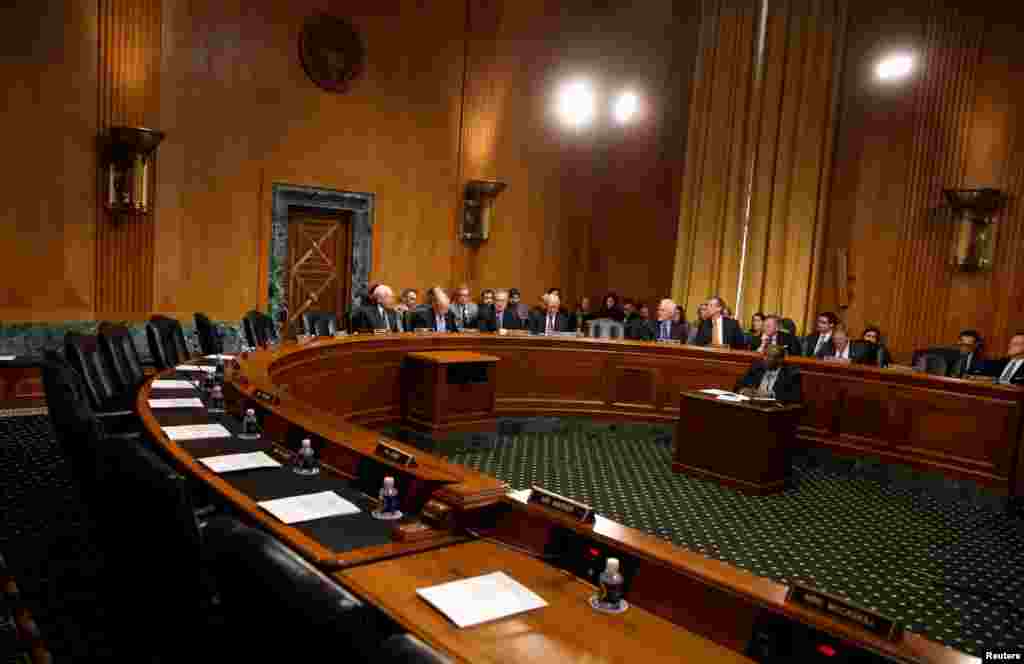 Seats held by Democrats are empty during a boycott of the Senate Finance Committee executive session over the nomination of Steven Mnuchin to be Treasury secretary, on Capitol Hill in Washington, D.C., Feb. 1, 2017.