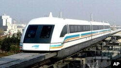 A magnetic levitation or 'Maglev,' train running on a test rail in Shanghai, China (file photo))