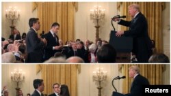 A White House staff member reaches for the microphone held by CNN's Jim Acosta as he questions U.S. President Donald Trump during a news conference following Tuesday's midterm congressional elections, in a combination of photos at the White House in Washi