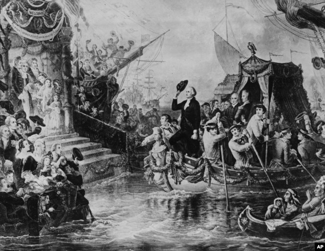 George Washington'ın ilk yemin töreni öncesi New York'a gelişi resmedilmiş