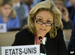FILE - Eileen Donahoe speaks during the 13th session of the Human Rights Council at the United Nations headquarters in Geneva, Switzerland, March 24, 2010.