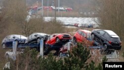 New Toyota cars are transported from their manufacturing facility in Burnaston, Britain, March 16, 2017. February 2019 marked the ninth month of declining exports, which account for 80 percent of production in Britain.