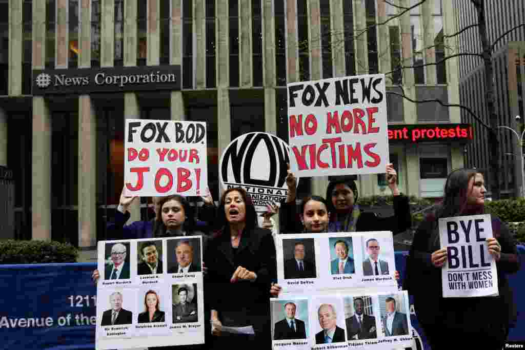 Demonstrators from the National Organization for Women of New York (NOW-NYC) hold a protest in front of Fox News Channel and the News Corporation Headquarters, following the firing of former Fox talk show host Bill O'Reilly, in New York City.