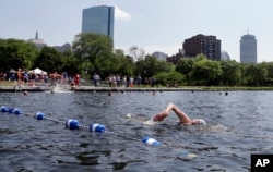 People swim in the Charles River during the "City Splash" event, July 18, 2017, in Boston.