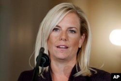 Kirstjen Nielsen, President Donald Trump's nominee to be Secretary of Homeland Security, speaks during an event in the East Room of the White House, Oct. 12, 2017, in Washington.