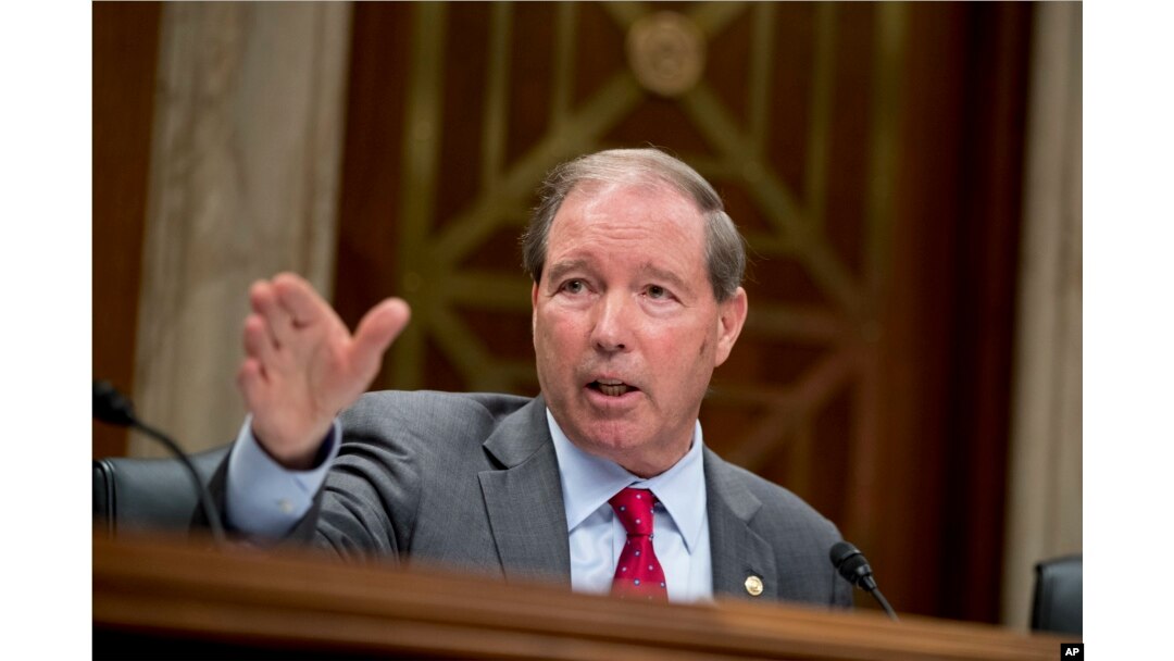 Ranking Member Sen. Tom Udall, D-New Mexico, questions EPA Administrator Scott Pruitt as he testifies before a Senate Appropriations subcommittee on Capitol Hill in Washington, May 16, 2018.