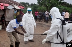 FILE - Health workers wash their hands after taking a blood specimen from a child to test for the Ebola virus in a area were a 17-year old boy died from the virus on the outskirts of Monrovia, Liberia.