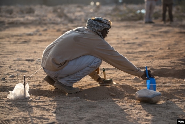 A forensic investigator brushes away soil from the top of a mass grave containing 17 bodies buried nearly 30 years ago in Berbera, Somaliland. (J. Patinkin/VOA)